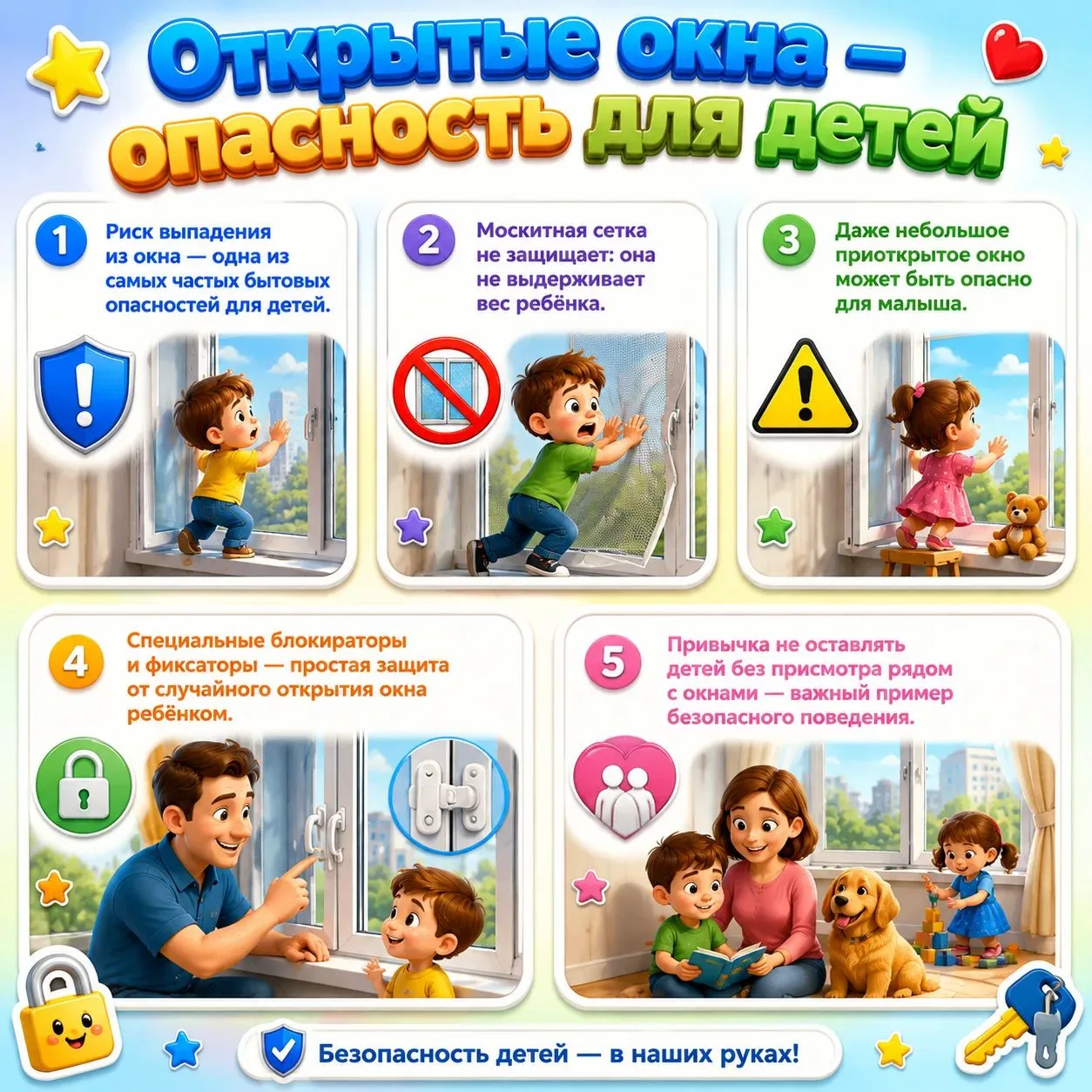 Открытые окна — опасность для детей

Мы собрали 5 простых, но жизненно необходимых фактов об окнах:
