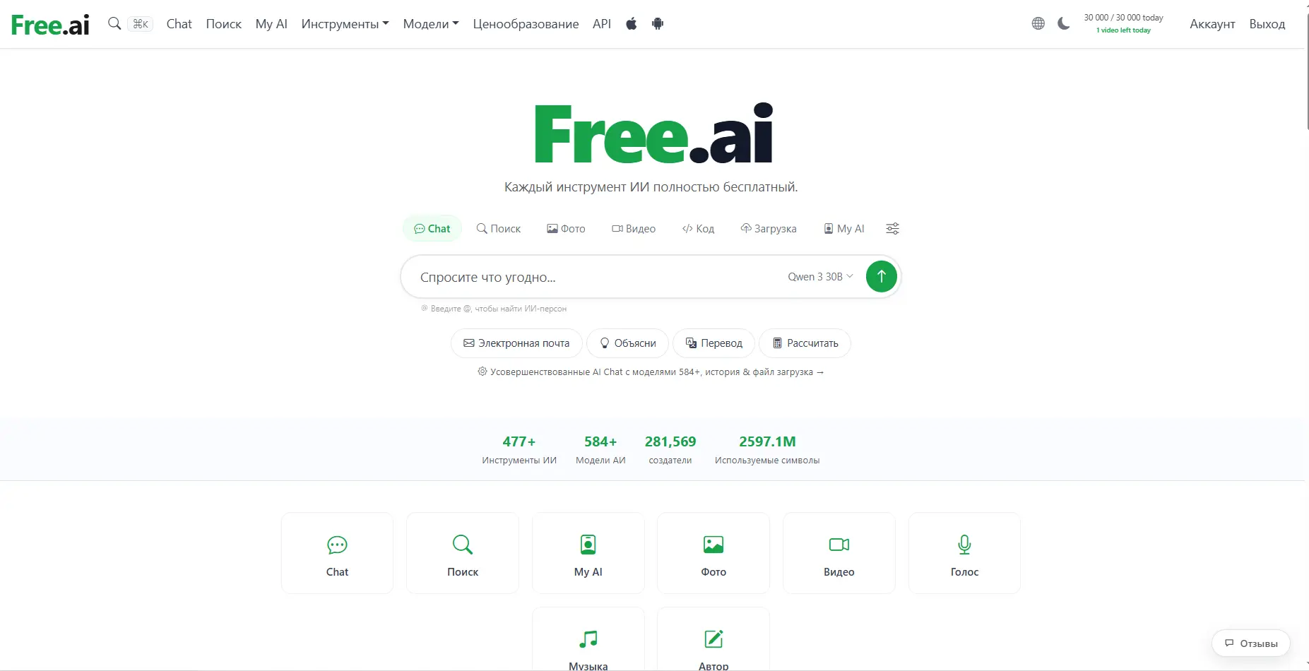 🔥 Free.ai — это бесплатный ИИ-хаб с 30К токенов в день, картинками и видео