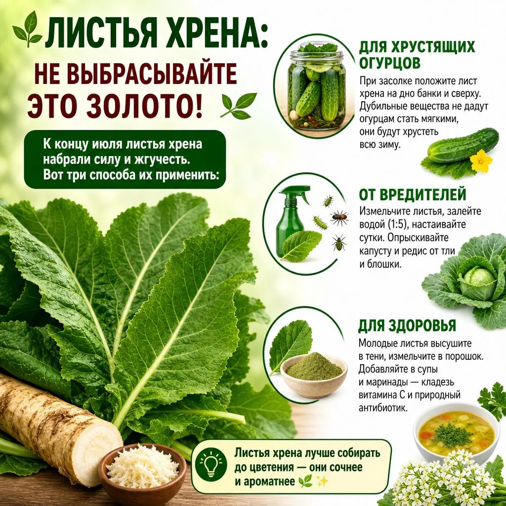 🌿 ЛИСТЬЯ ХРЕНА: НЕ ВЫБРАСЫВАЙТЕ ЭТО ЗОЛОТО! 🌿

К концу июля листья хрена набрали силу и жгучесть. 