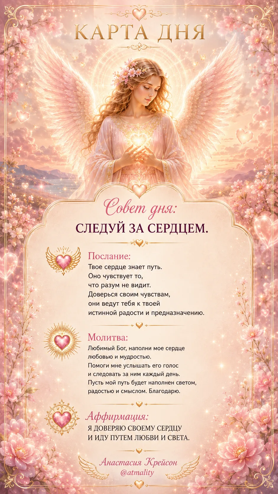 🔅 СОВЕТ ДНЯ: СЛЕДУЙ ЗА СЕРДЦЕМ!

Прочитай с сердечной включенностью. 

🙌Пусть этот день станет луч