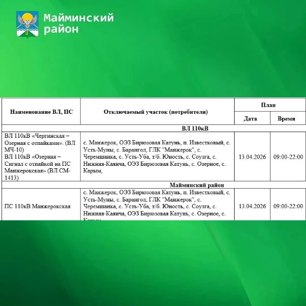Внимание  В связи с проведением ремонтных работ 13 апреля 2026 года с 9:00 до 22:00 в Майминском рай