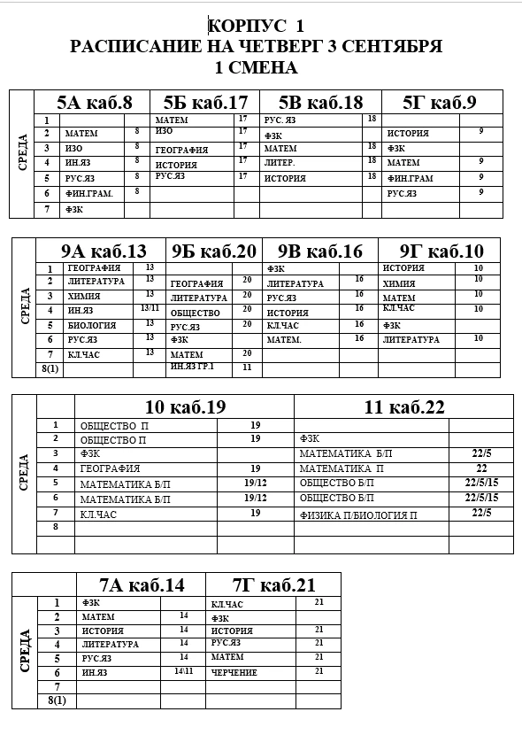 1 КОРПУС. Расписание уроков на 3.09