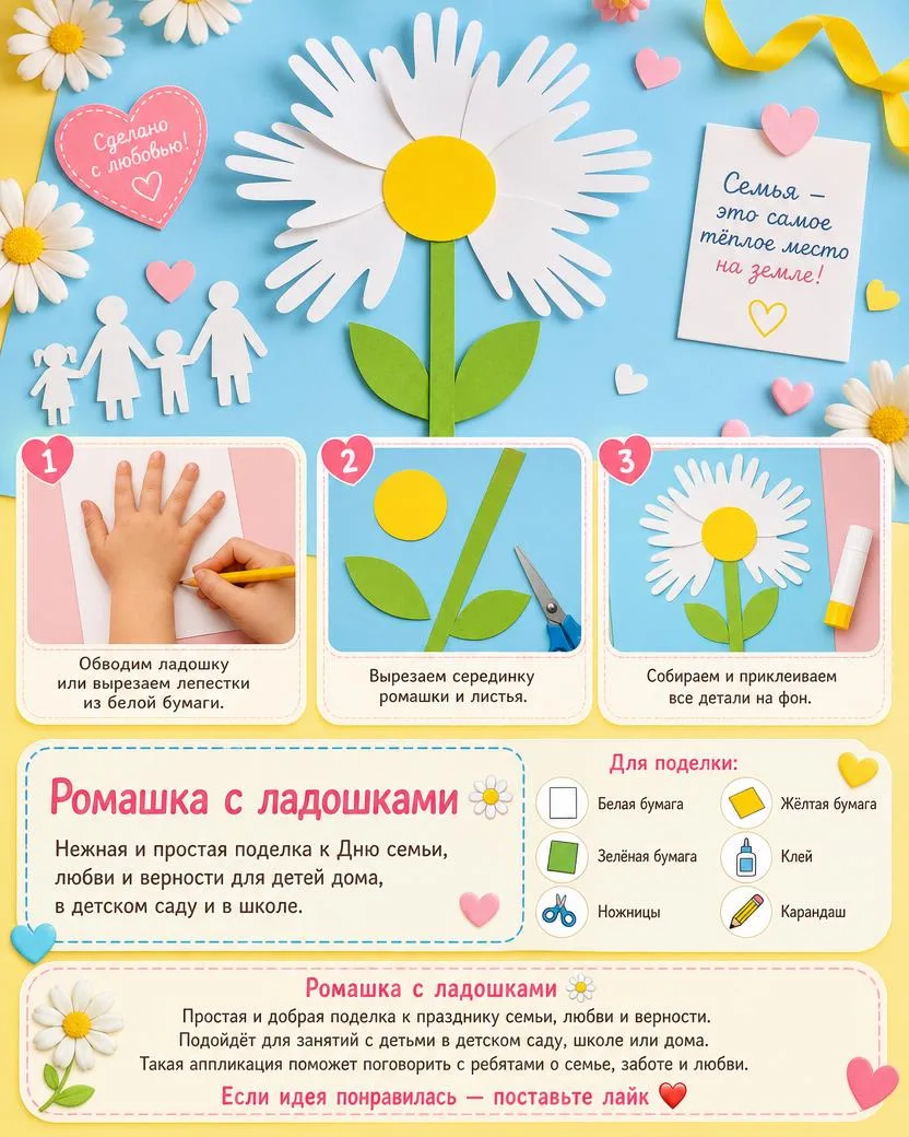 Ромашка с ладошками 🌼

Нежная и добрая поделка ко Дню семьи, любви и верности для занятий дома, в д