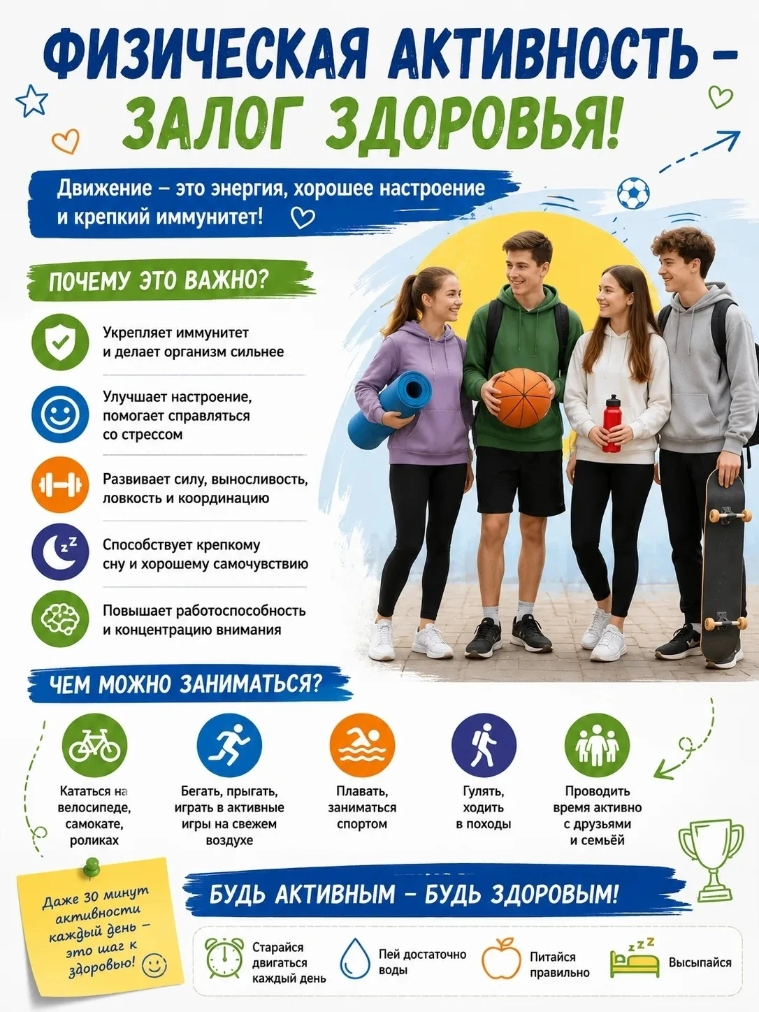 Физическая активность — залог здоровья! 🏃‍♀

Дорогие ребята и родители!

Летние каникулы — отличное