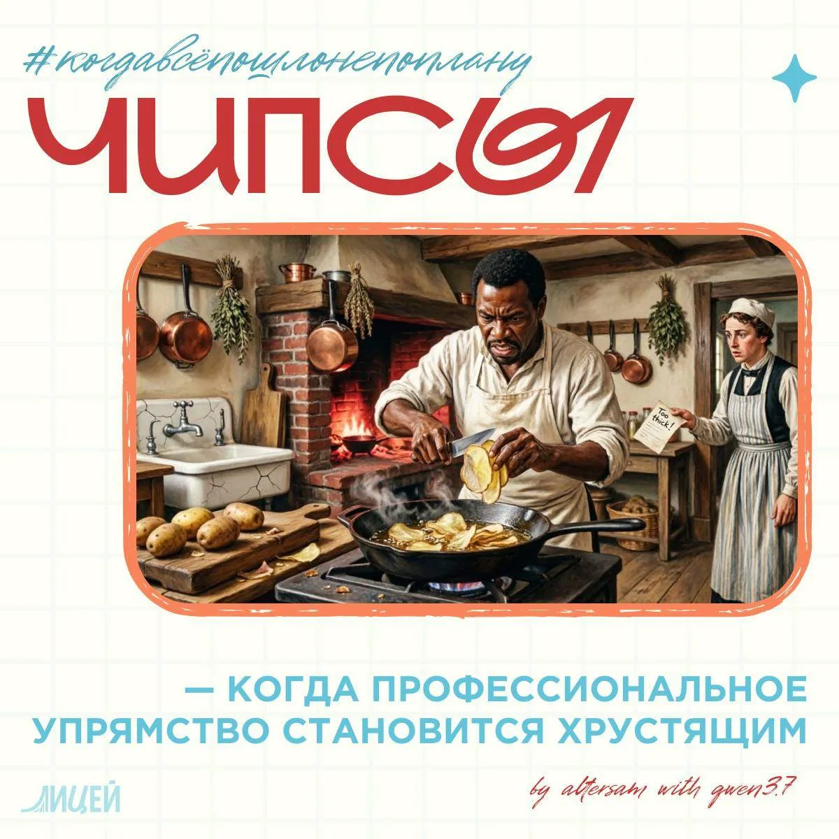 🥔 Чипсы: когда профессиональное упрямство становится хрустящим, 1853 год. Шеф-повар Дж...