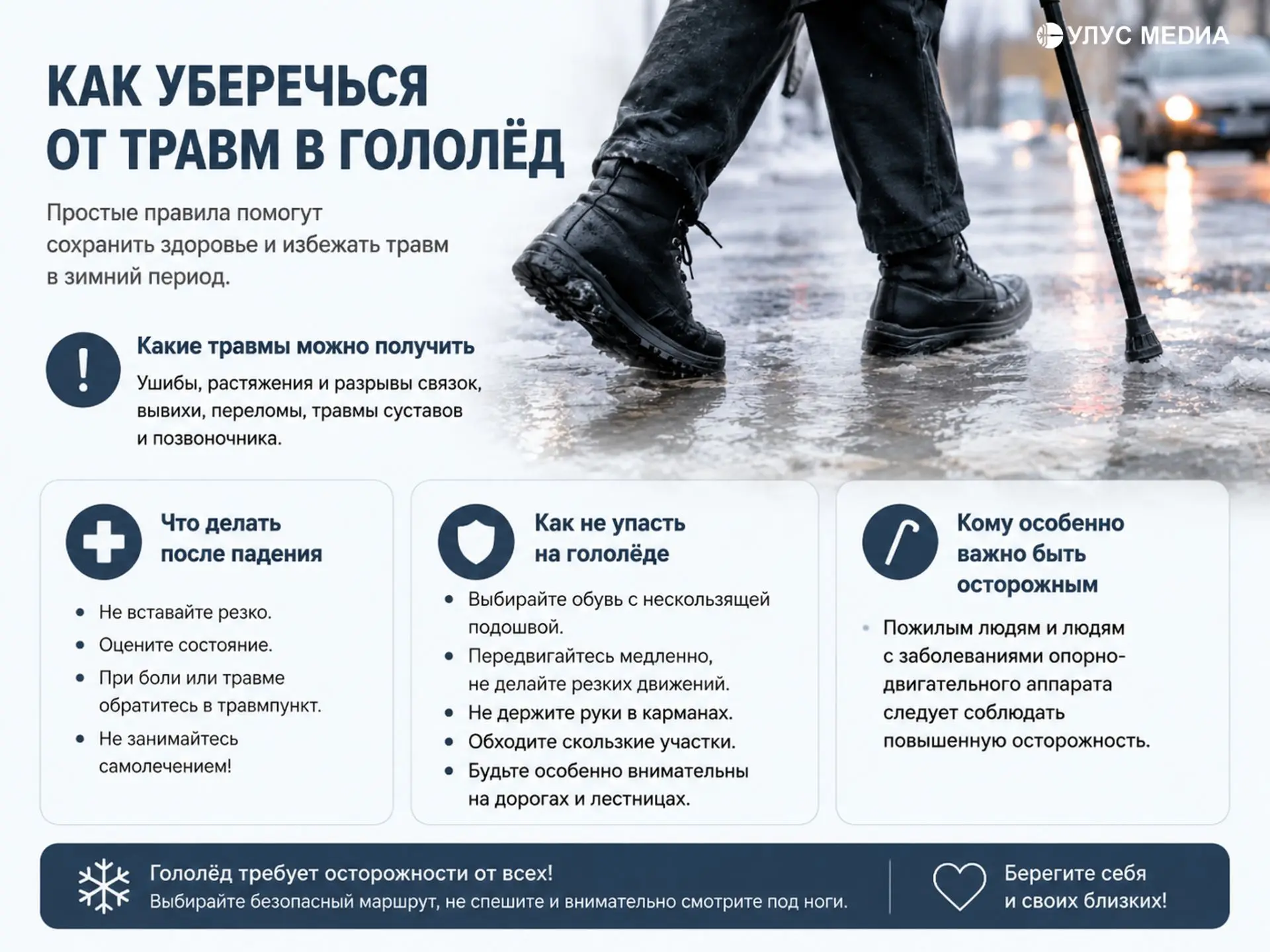 Как уберечься от травм в гололёд: советы врача