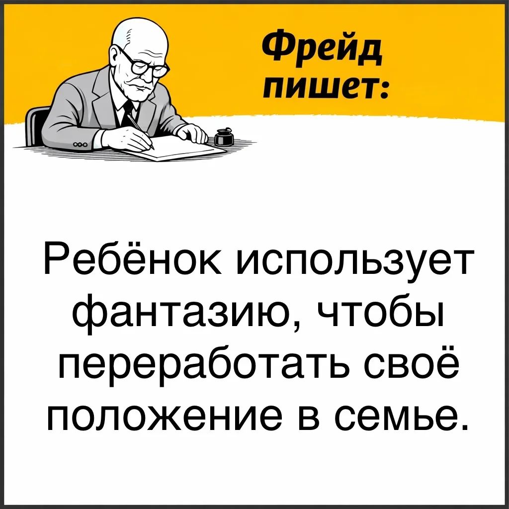 Фрейд показывает, что через фантазии ребёнок перерабатывает своё место в семье. Он может представлят