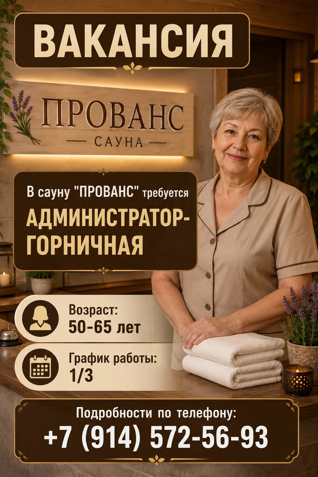 В сауну "ПРОВАНС" требуется
АДМИНИСТРАТОР-ГОРНИЧНАЯ

Возраст: 50-65 лет Г
рафик работы: 1/3 

Подроб