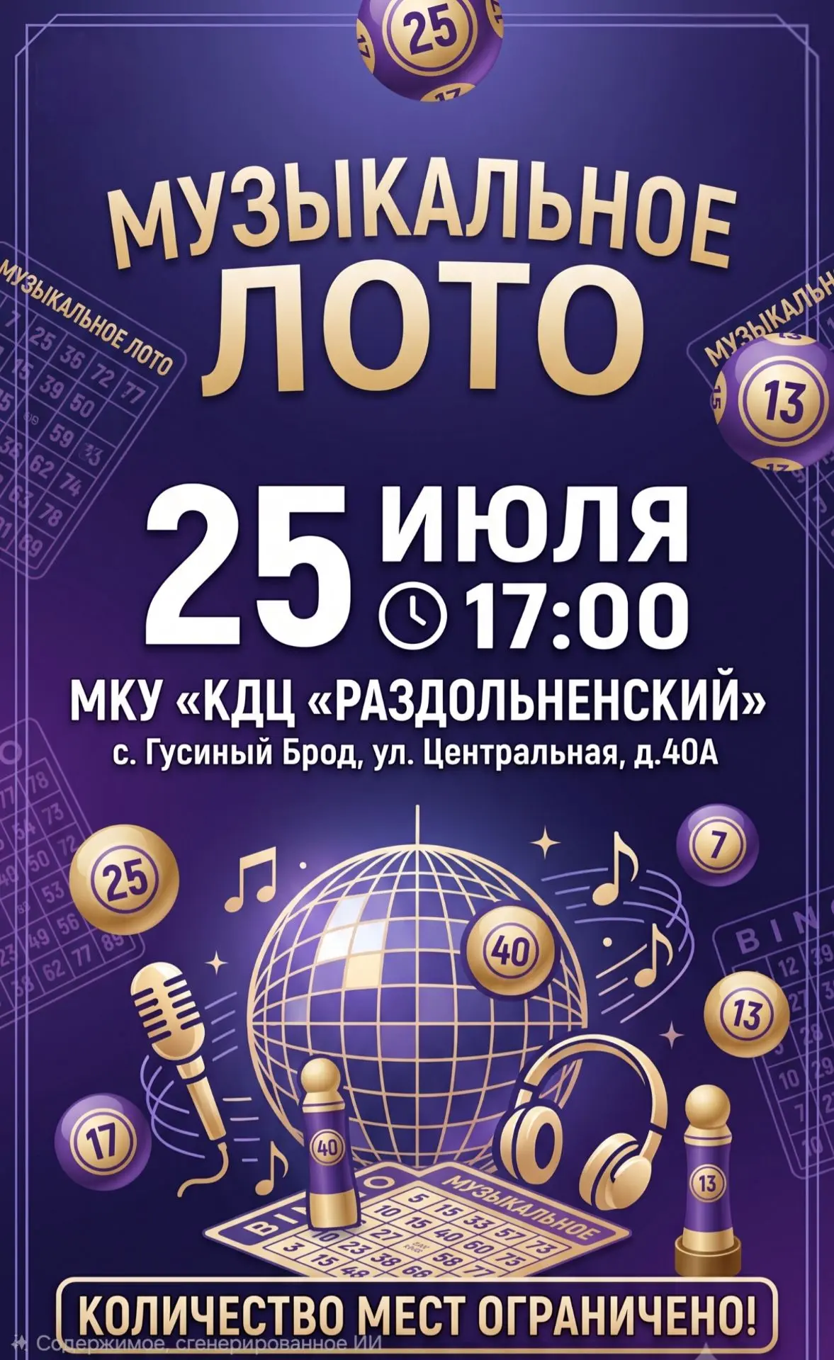 🎶 Музыкальное лото (16+) — вечер азарта и хорошей музыки!

🗓 Когда: 25 июля в 17:00
📍 Где: МКУ «К