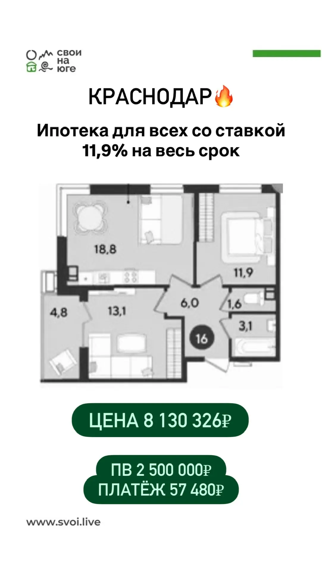 КРАСНОДАР🔥  Варианты квартир под стандартную ипотеку и семейную, с минимальным первоначальным взносо