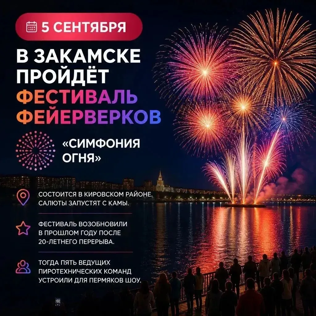 5 сентября (суббота) пройдёт фестиваль фейерверков «Симфония Огня». Над Камой устроят с...