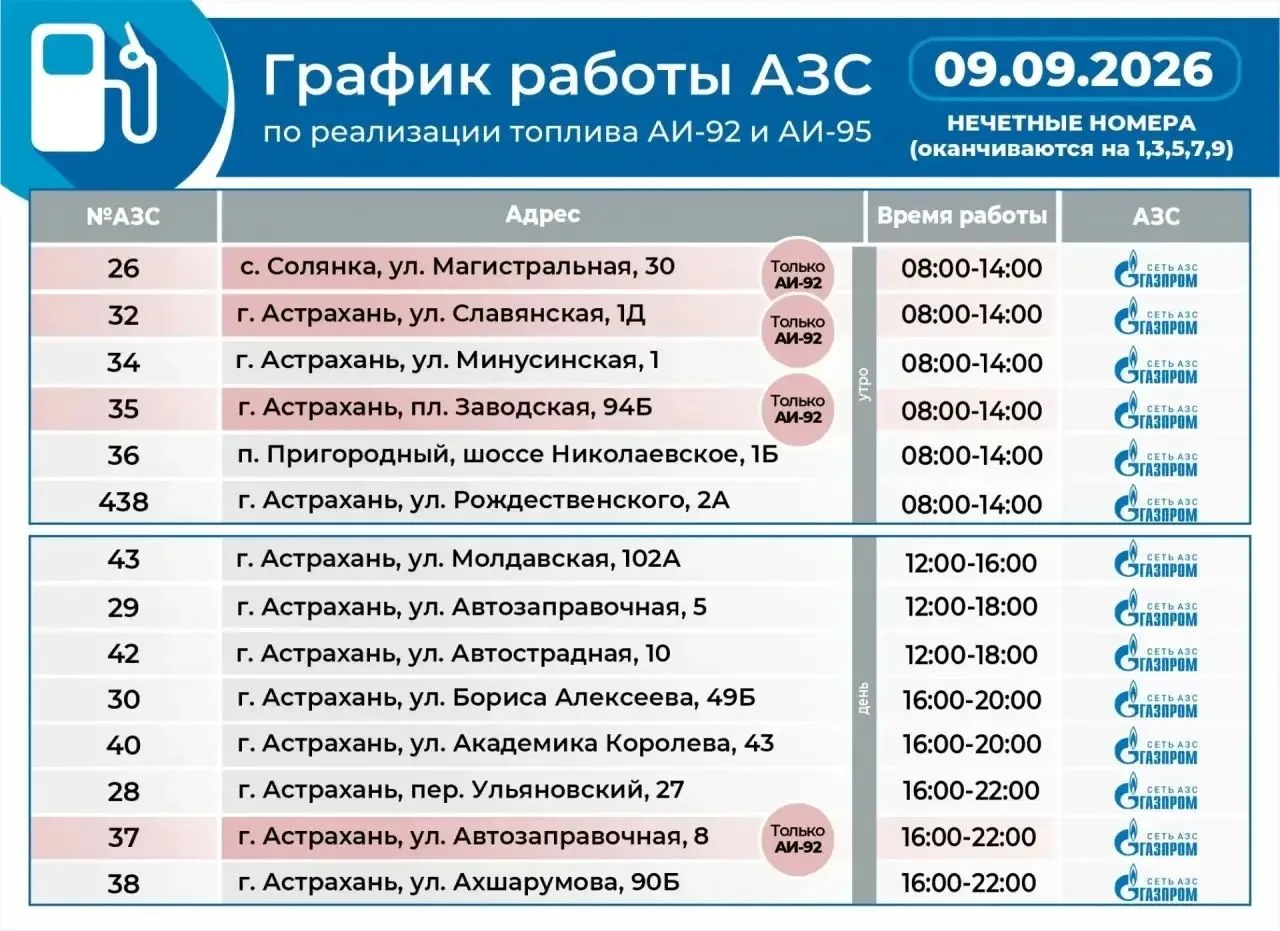 График работы АЗС на 9 сентября