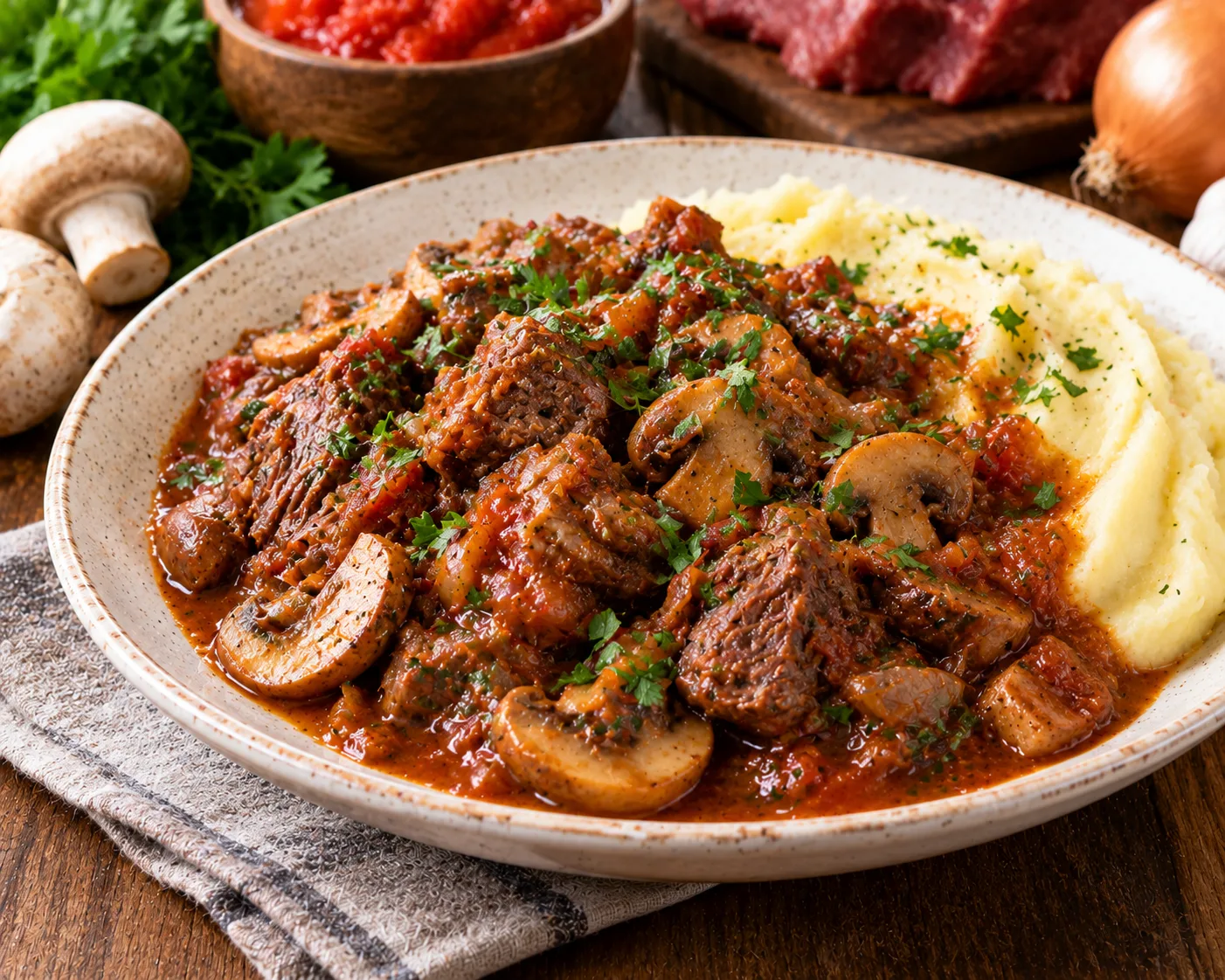 🥩 Говядина с грибами в густой подливе — мясо настолько мягкое, что распадается на воло...