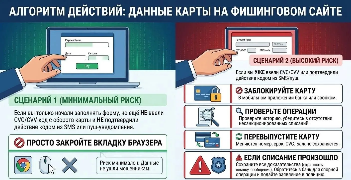 🗒Алгоритм действий в случае ввода данных банковской карты на фишинговом сайте