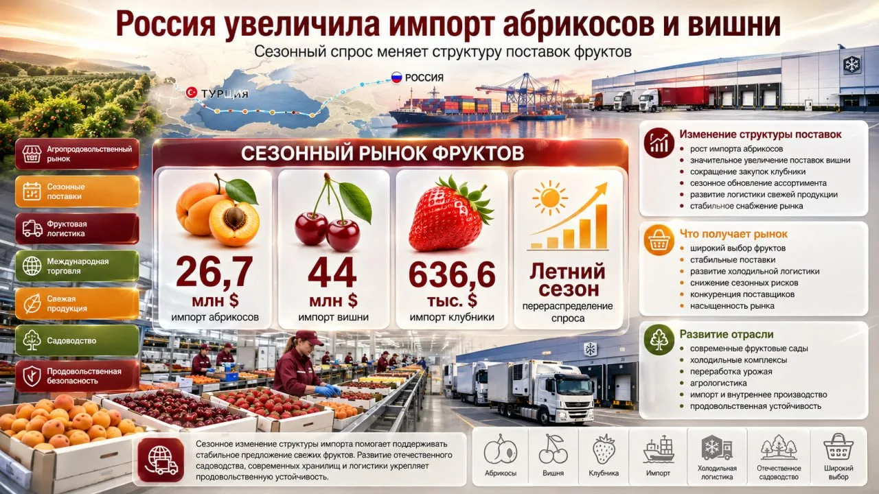 В июне Россия резко увеличила импорт абрикосов и вишни из Турции, с $9,7 млн до $26,7 млн. Импорт ви