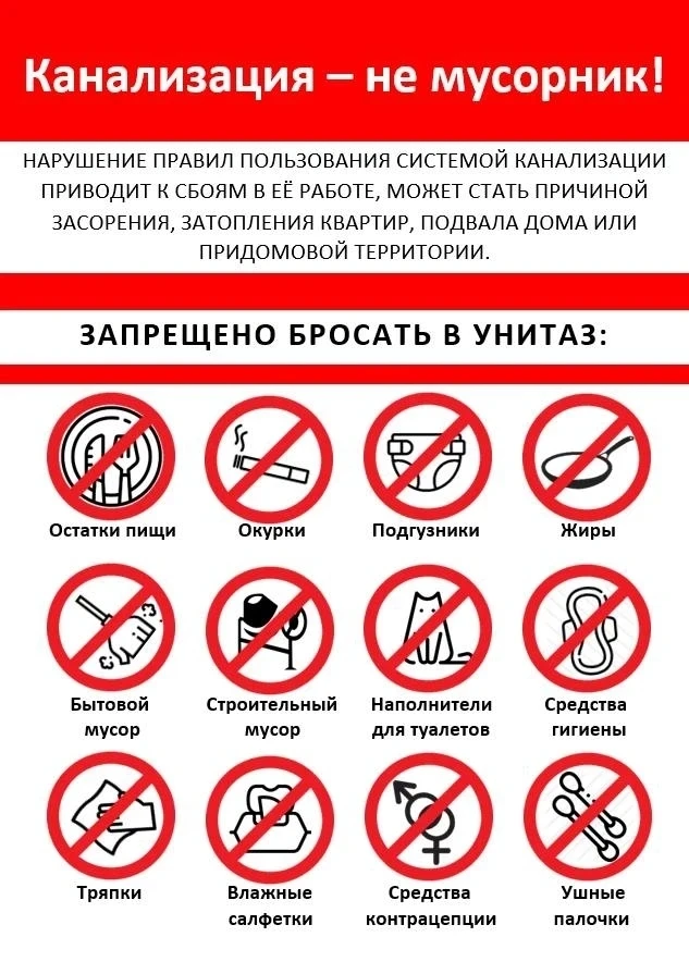 Уважаемые жители, напоминаем, что мусор запрещено бросать в унитаз!