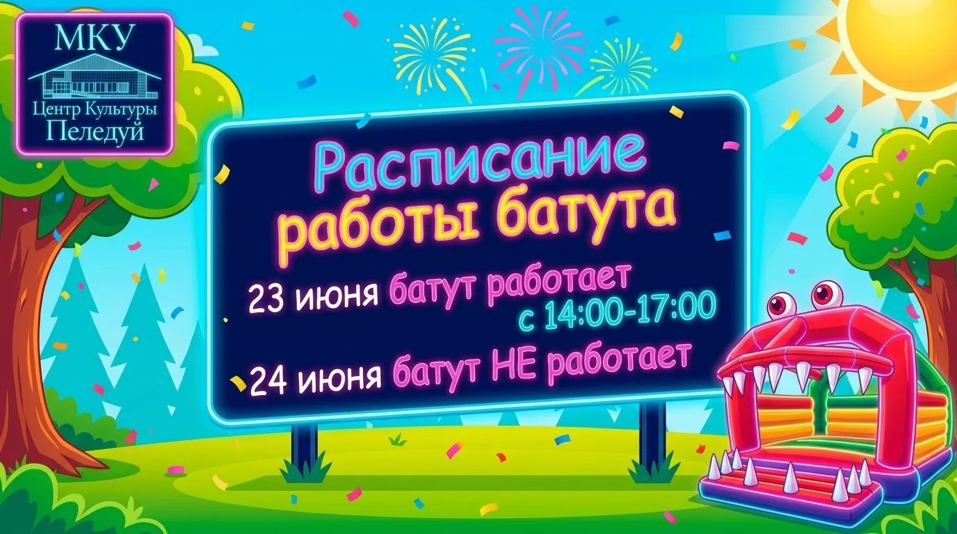 ⚡️ Изменение в работе батута! ⚡️

Из-за отключения света:
🔹 23 июня — работаем с 14:00 до 17:00.
🔹