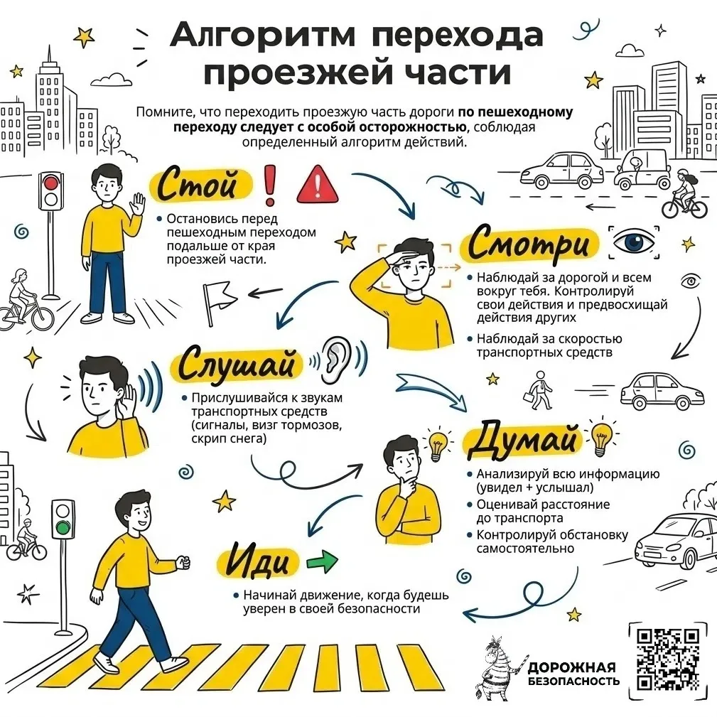 Алгоритм перехода проезжей части: 
✅«Стой» – остановись перед пешеходным переходом подальше от края 
