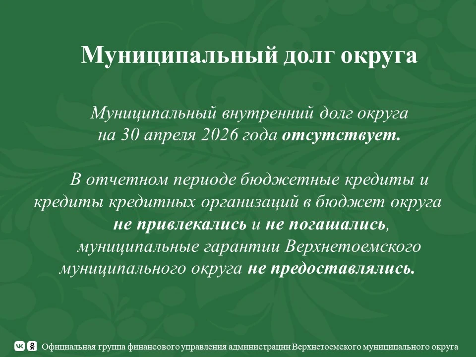 Сведения о муниципальном долге Верхнетоемского муниципального округа на 30 апреля 2026 ...