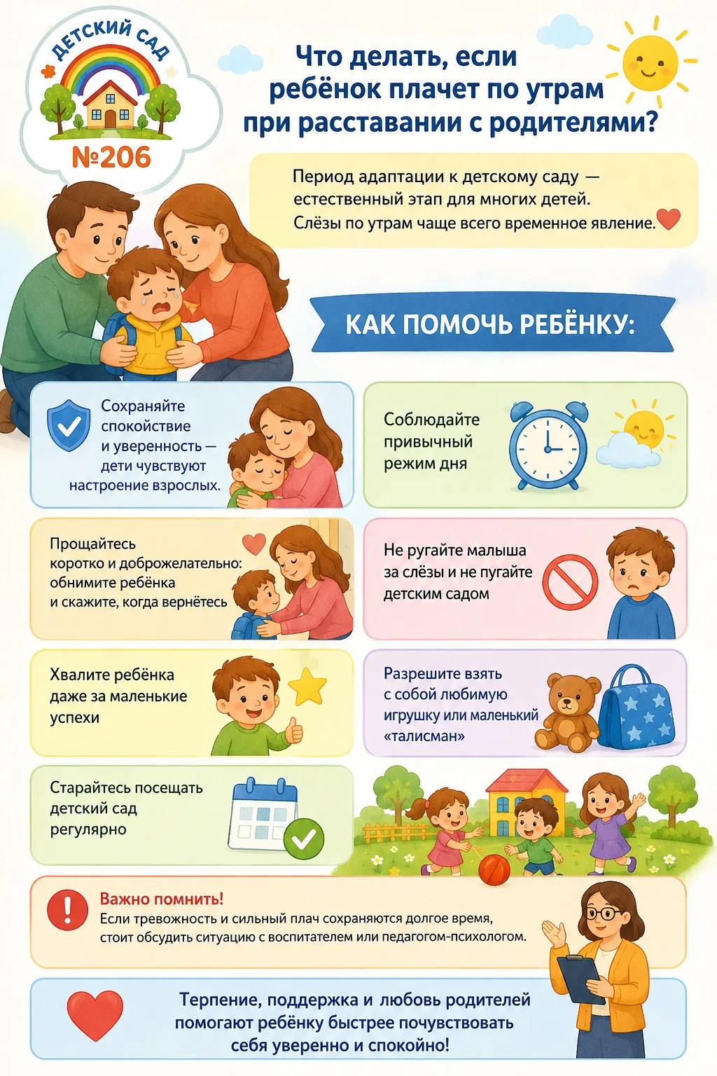 Что делать, если ребёнок плачет по утрам при расставании с родителями? 🌤️👶
Период адаптации к детс
