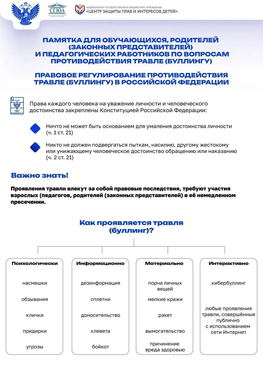 Памятка для обучающихся, родителей (законных представителей) и педагогических работников по вопросам