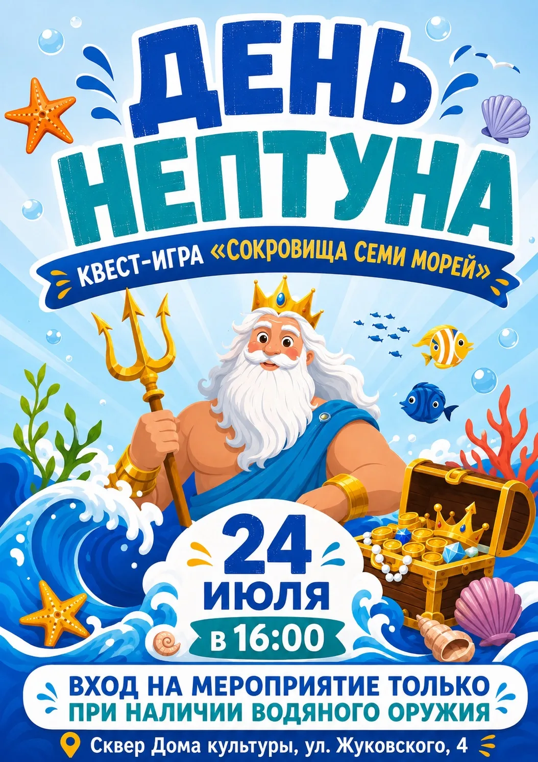 Сегодня будет очень мокро 🌊

Уже в 16:00 встречаемся в сквере Дома культуры на квесте «Сокровища се