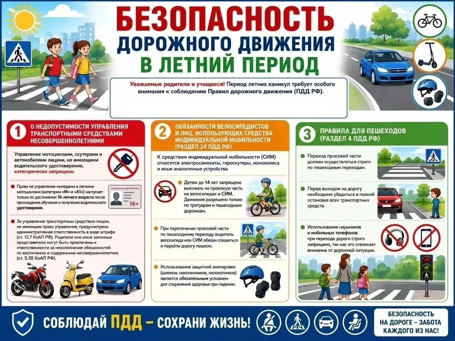 ⚠ БЕЗОПАСНОСТЬ ДОРОЖНОГО ДВИЖЕНИЯ В ЛЕТНИЙ ПЕРИОД 
 
Уважаемые родители и учащиеся! Период летних ка