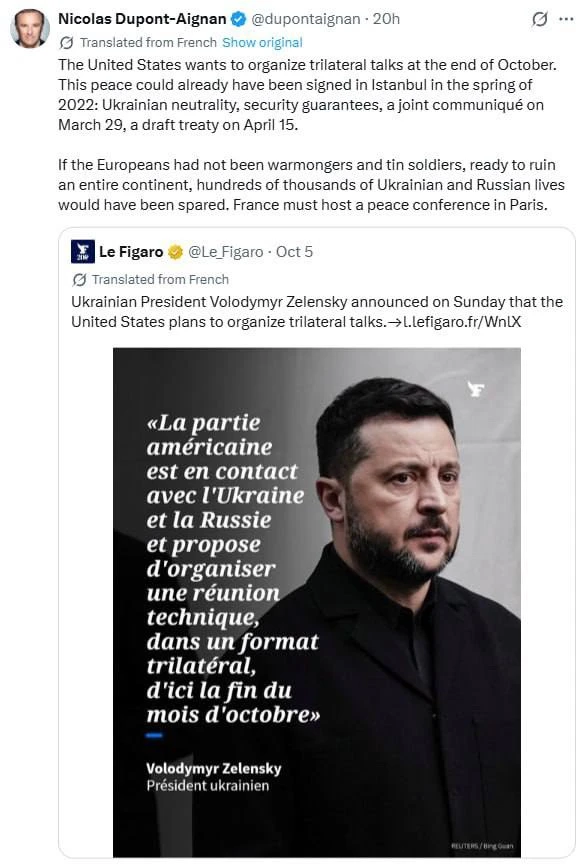 Кандидат в президенты Франции обвинил Европу в срыве переговоров по Украине