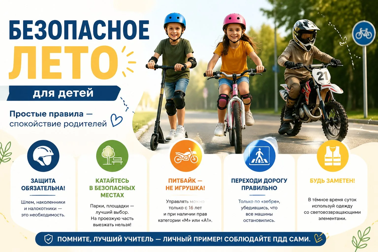 🏖️ Лето — пора активного отдыха! 

Дети всё чаще используют самокаты, велосипеды и даже питбайки. Д