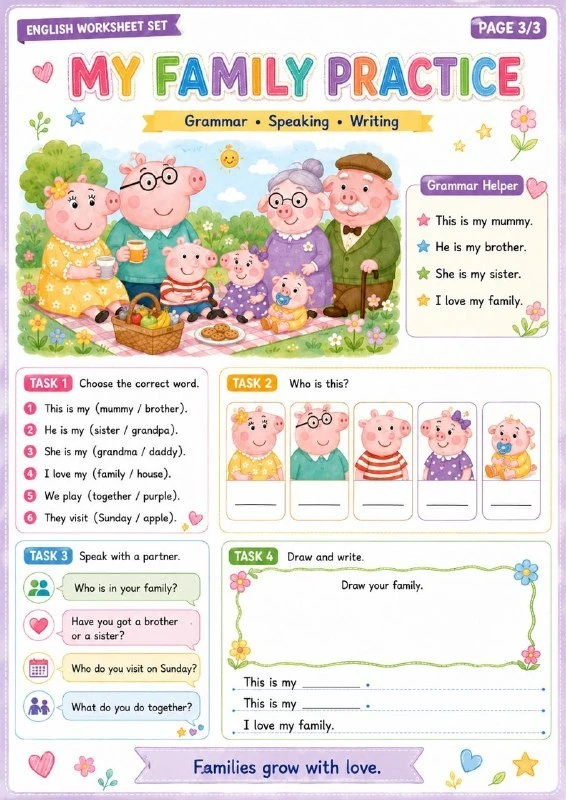 ❤️ Семья + английский = лучшая комбинация

3 страницы, 3 этапа:
1️⃣ Слова и семейное дерево
2️⃣ Чтен