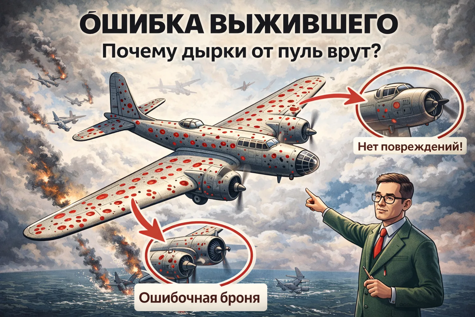 ✈️ Ошибка выжившего: Почему дырки от пуль врут?  В 1940-х годах командование союзников столкнулось с