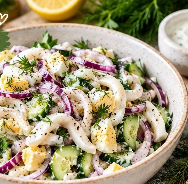 🥗 Салат с кальмаром, яйцом и огурцом.