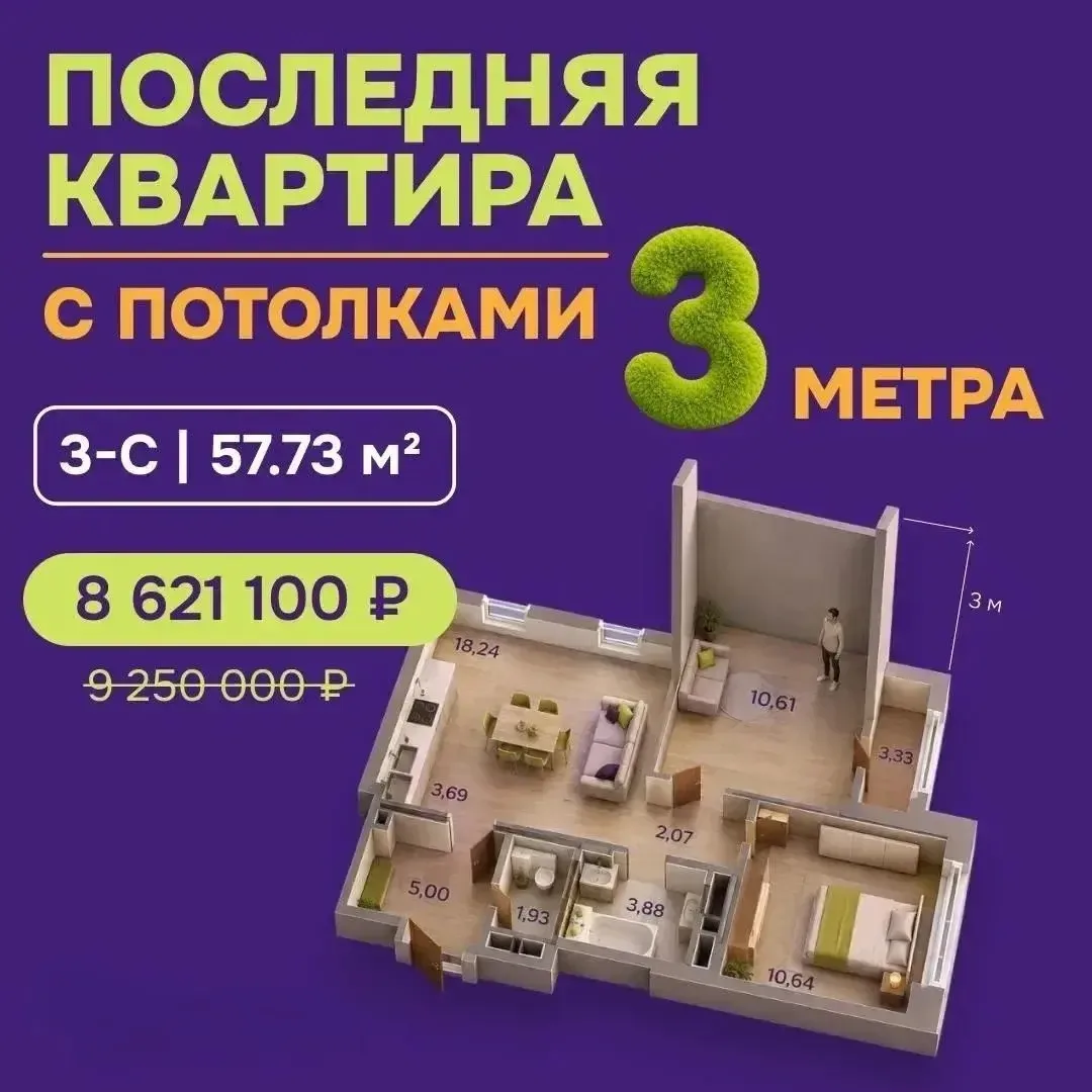 🔑❗❗❗ Последняя квартира с потолками 3 метра в ЖК «Астон. Геометрия» ( Октябрьский р-н,...