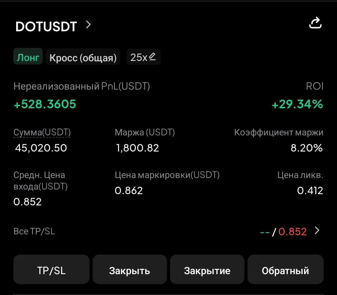 ✅ DOT, забрали первый тейк, зафиксировал 50% и стоп ставлю в бу.