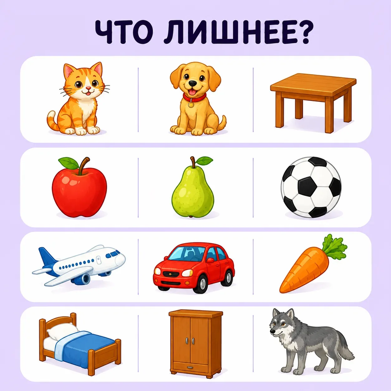 Разминка для ума.

Покажите карточку своим малышам и пускай они выберут лишнее в ряду. А если возник