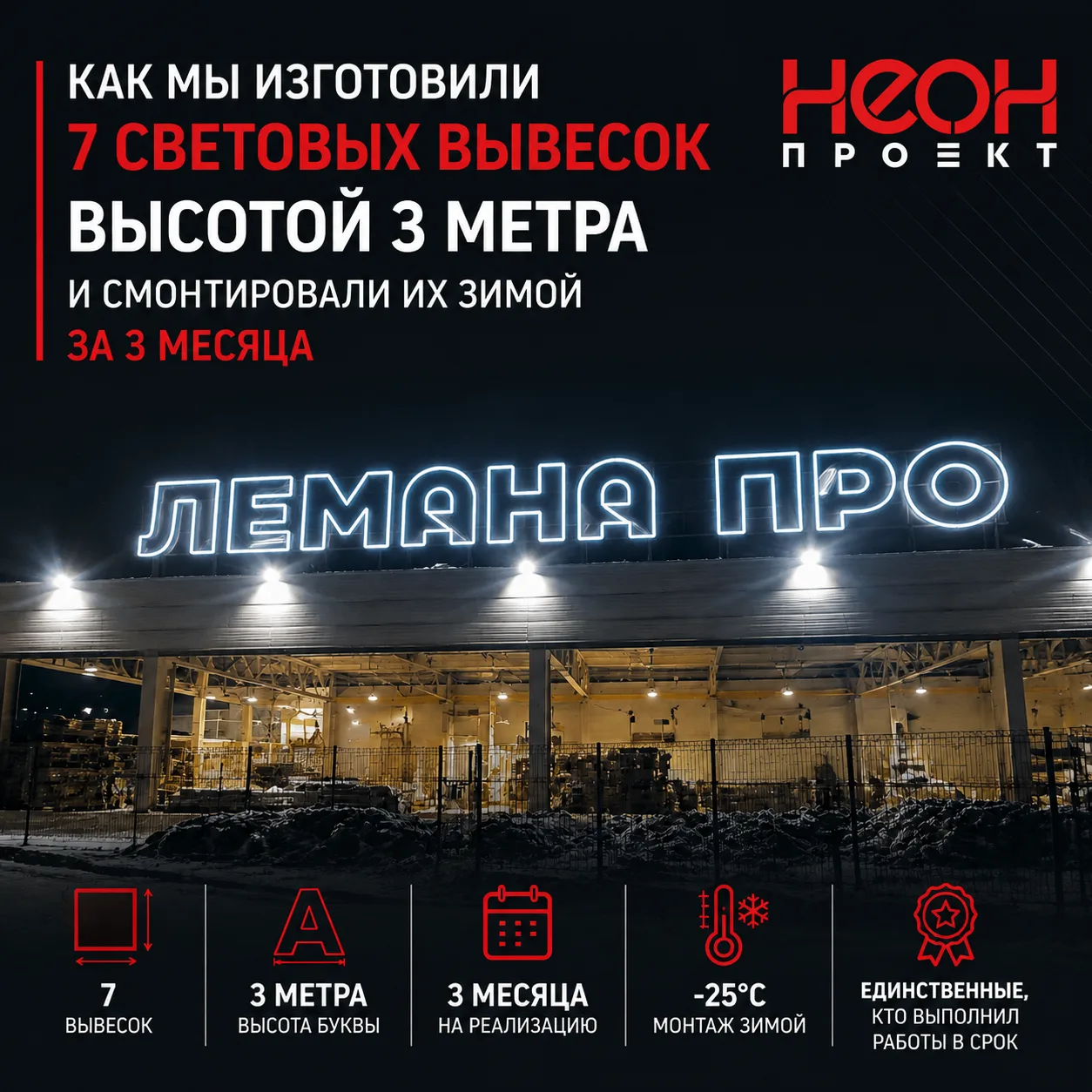 7 вывесок. Буквы высотой 3 МЕТРА! 3 месяца на реализацию. И –25 °C на монтаже🥶