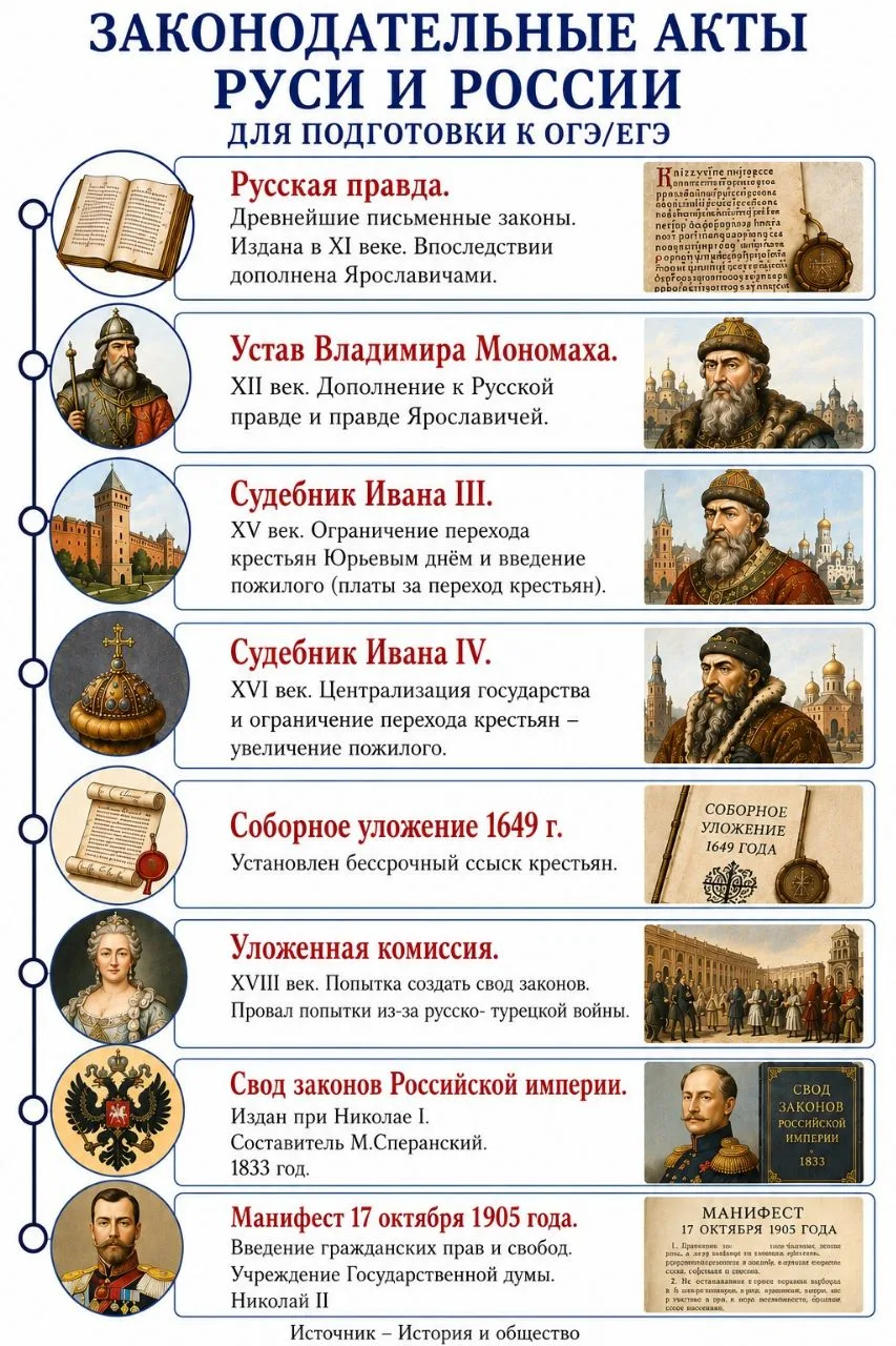 Инфографика.
Законодательство Руси и России.
Для подготовки к ОГЭ/ЕГЭ по истории