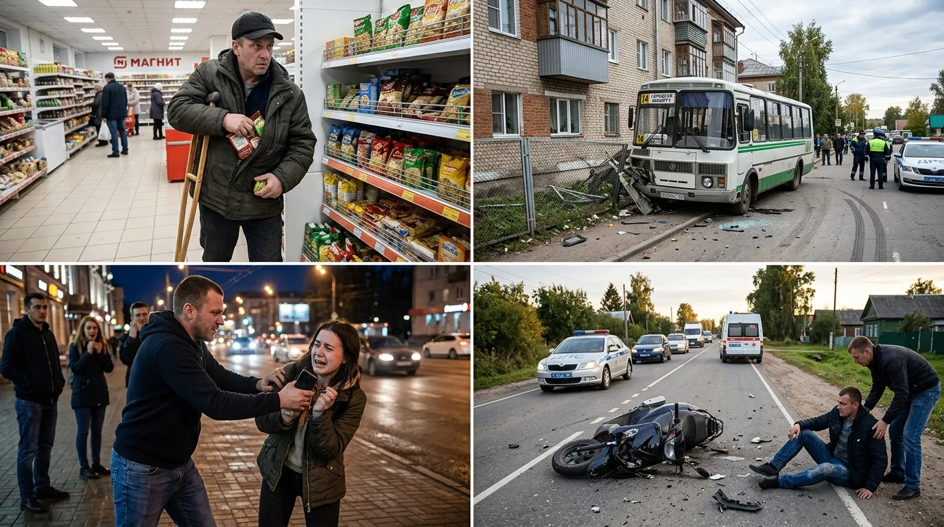 Кража в магазине, ДТП и грабёж