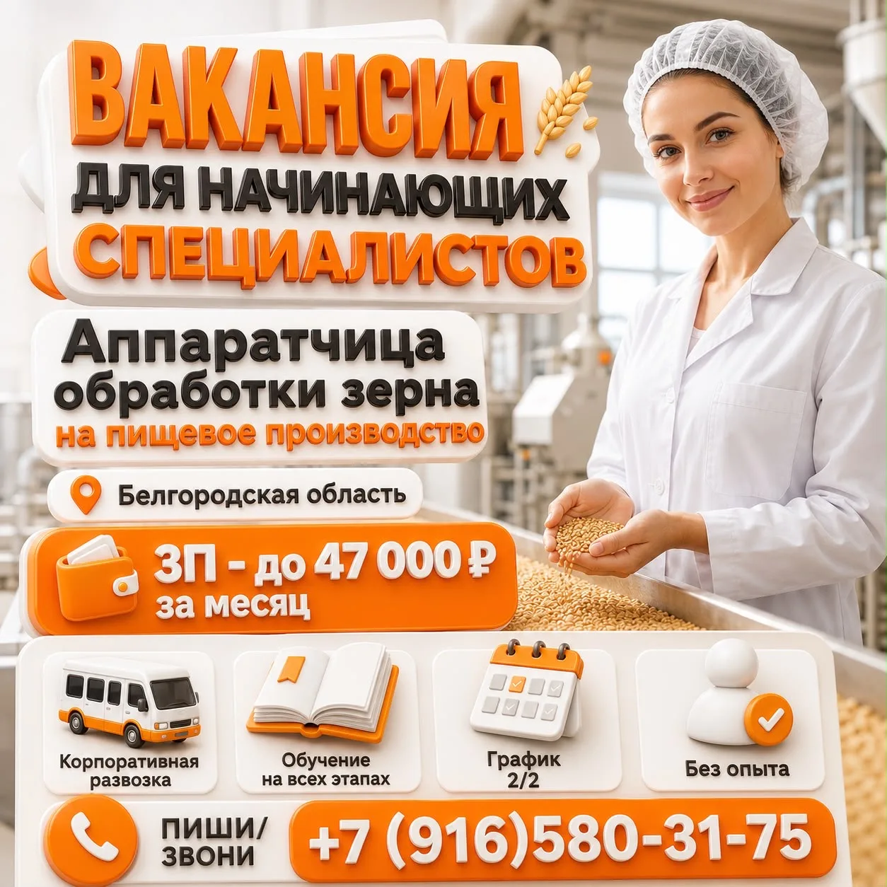 🌾 Вакансия для начинающих специалистов!

👩‍🌾 Ищем аппаратчиц обработки зерна на пищевое производс