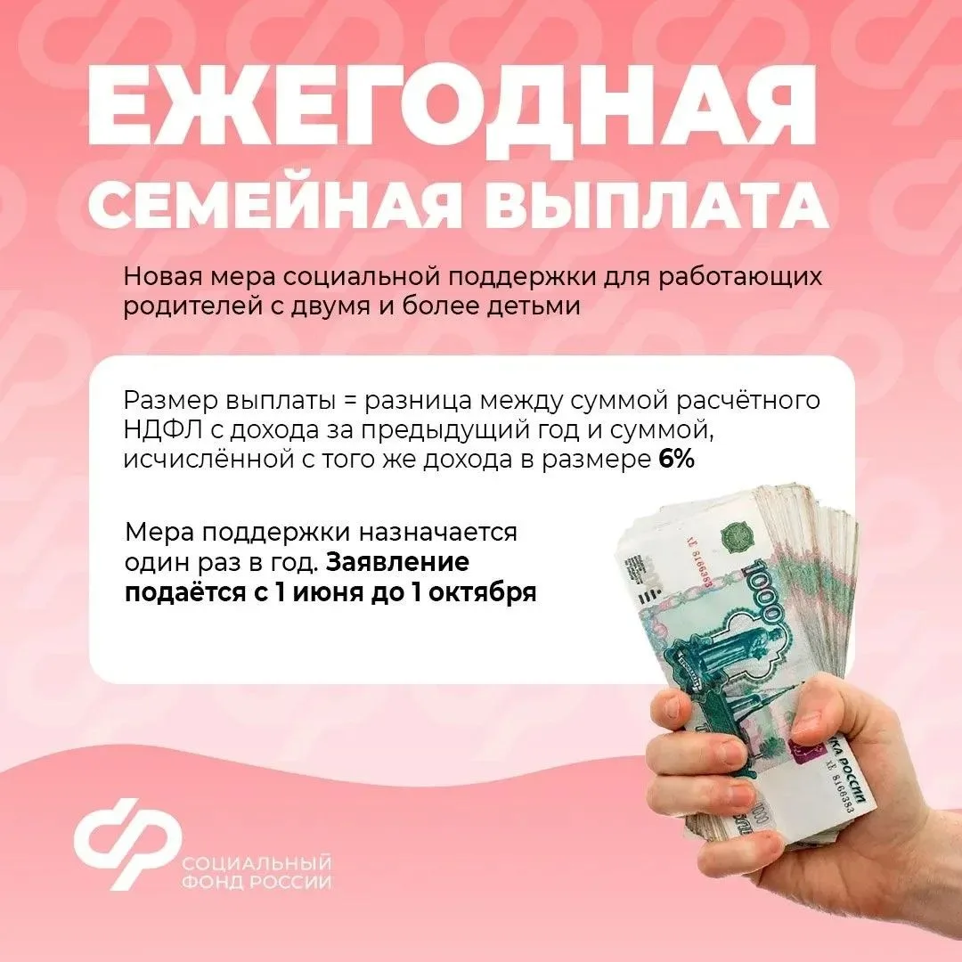 С 1 июня Социальный Фонд России принимает заявления на ежегодную выплату работающим родителям двоих 