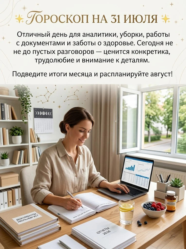 🌟 ГОРОСКОП НА 31 ИЮЛЯ 🌟

Отличный день для аналитики, уборки, работы с документами и заботы о здор