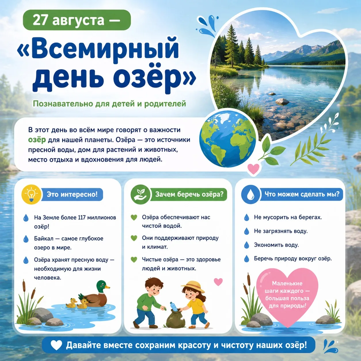 💧27 августа — Всемирный день озёр! 🌊