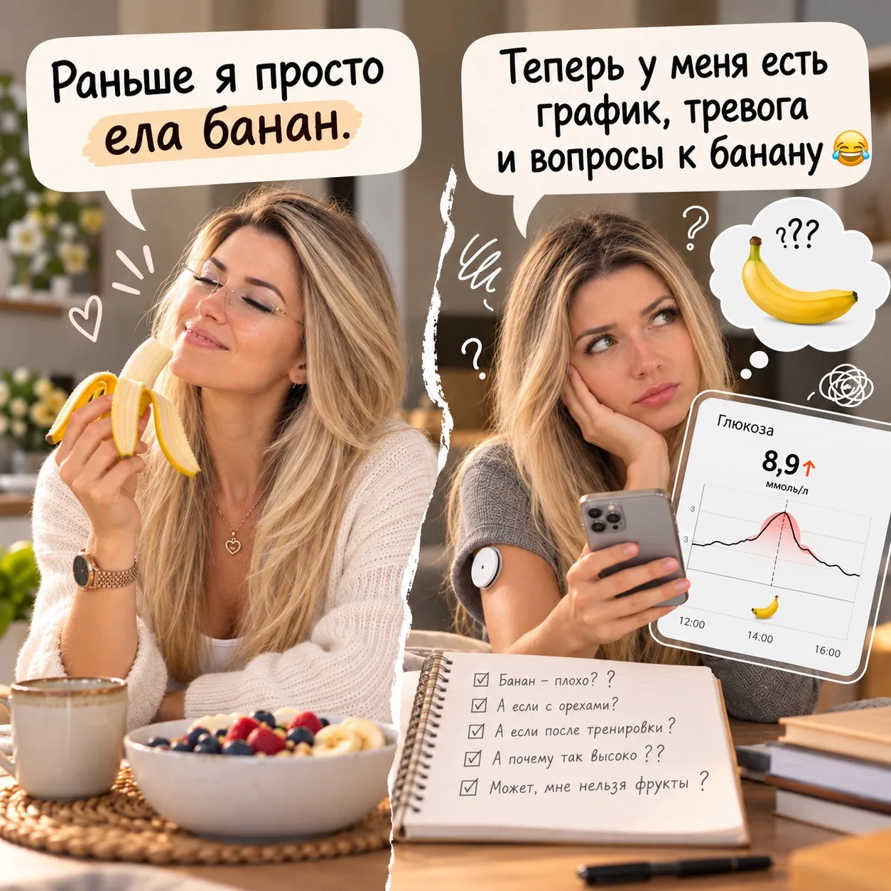 🍌 А вы бы отказались от банана, если бы увидели, что после него у вас поднялся сахар?