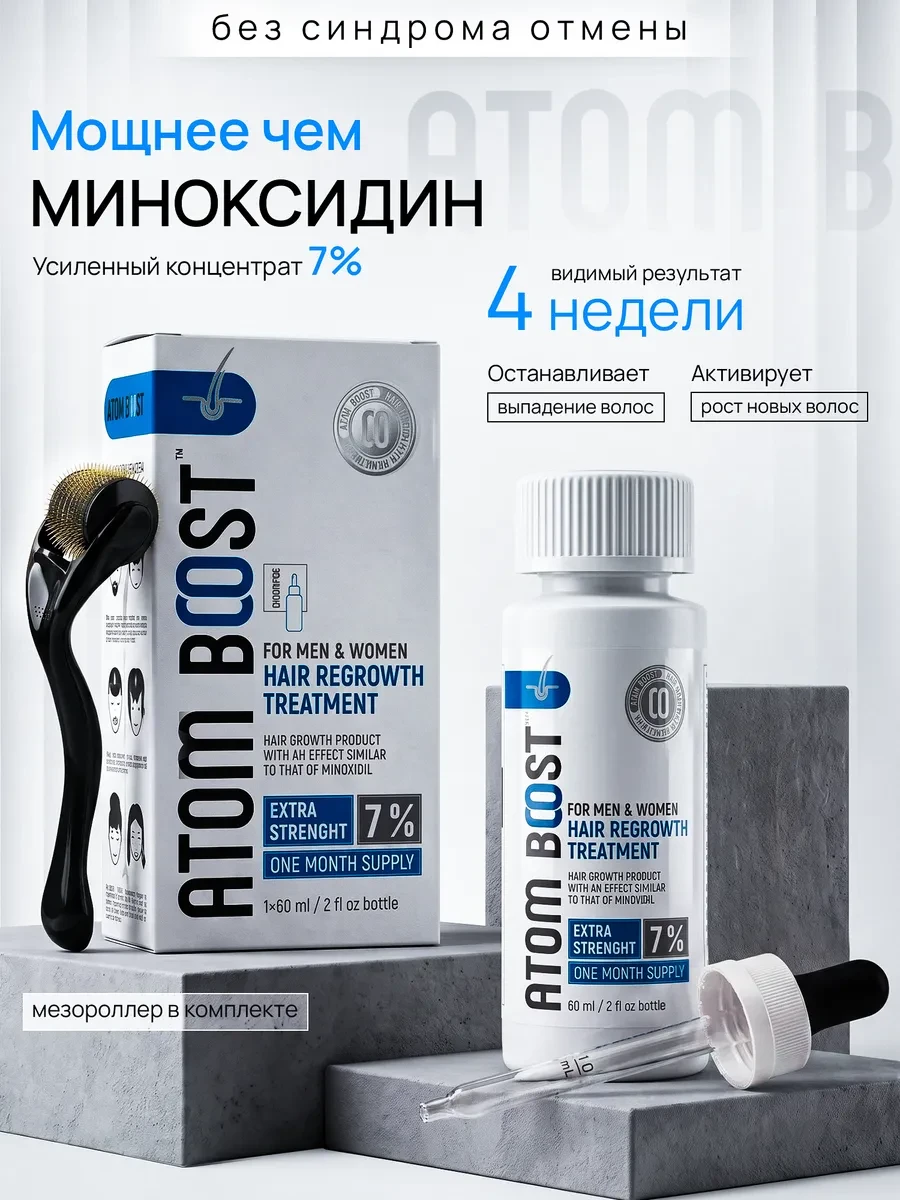 ⚡️ Набор 7% для роста волос и бороды средство с мезороллером, ATOM BOOST