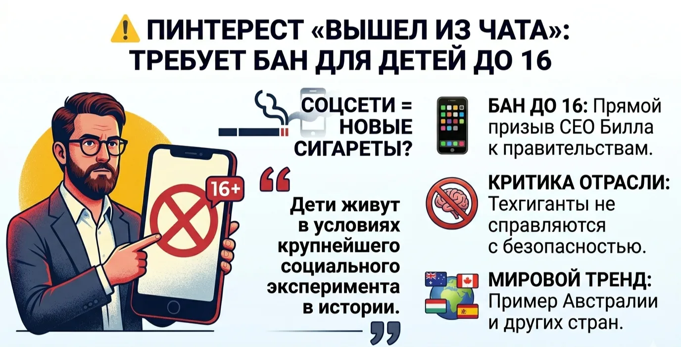 ​🚫 Pinterest «вышел из чата» защитников свободы: Билл Риди требует бан для детей  ​Глава Pinterest р
