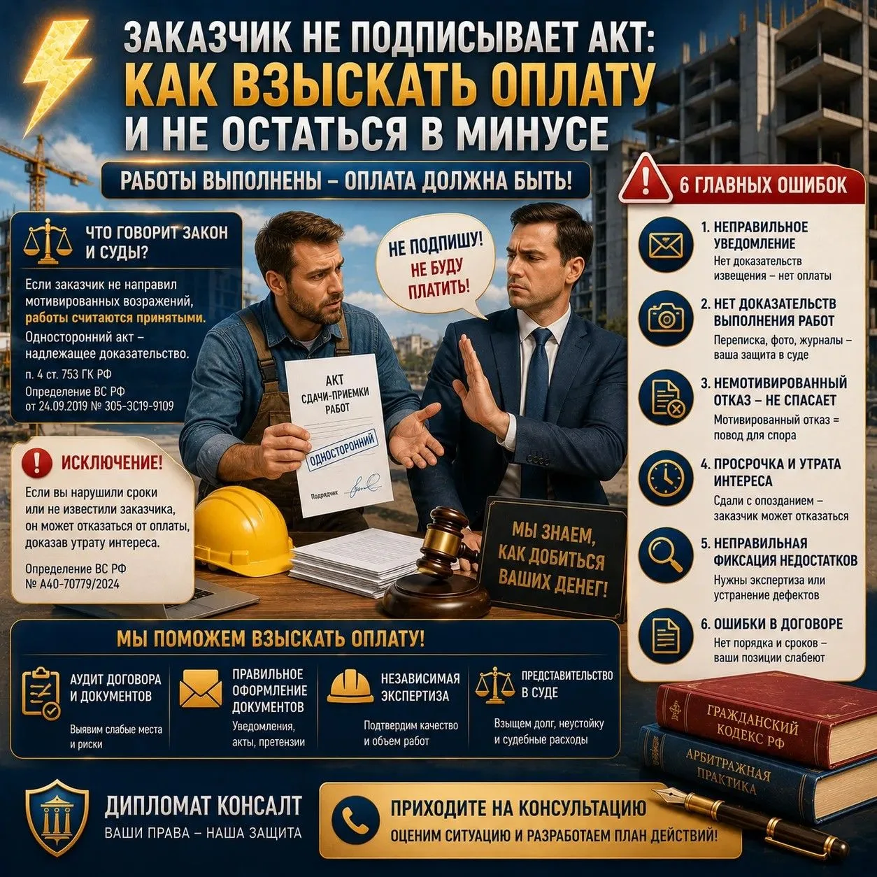 ⚡️ Заказчик не подписывает акт: как взыскать оплату и не остаться в минусе