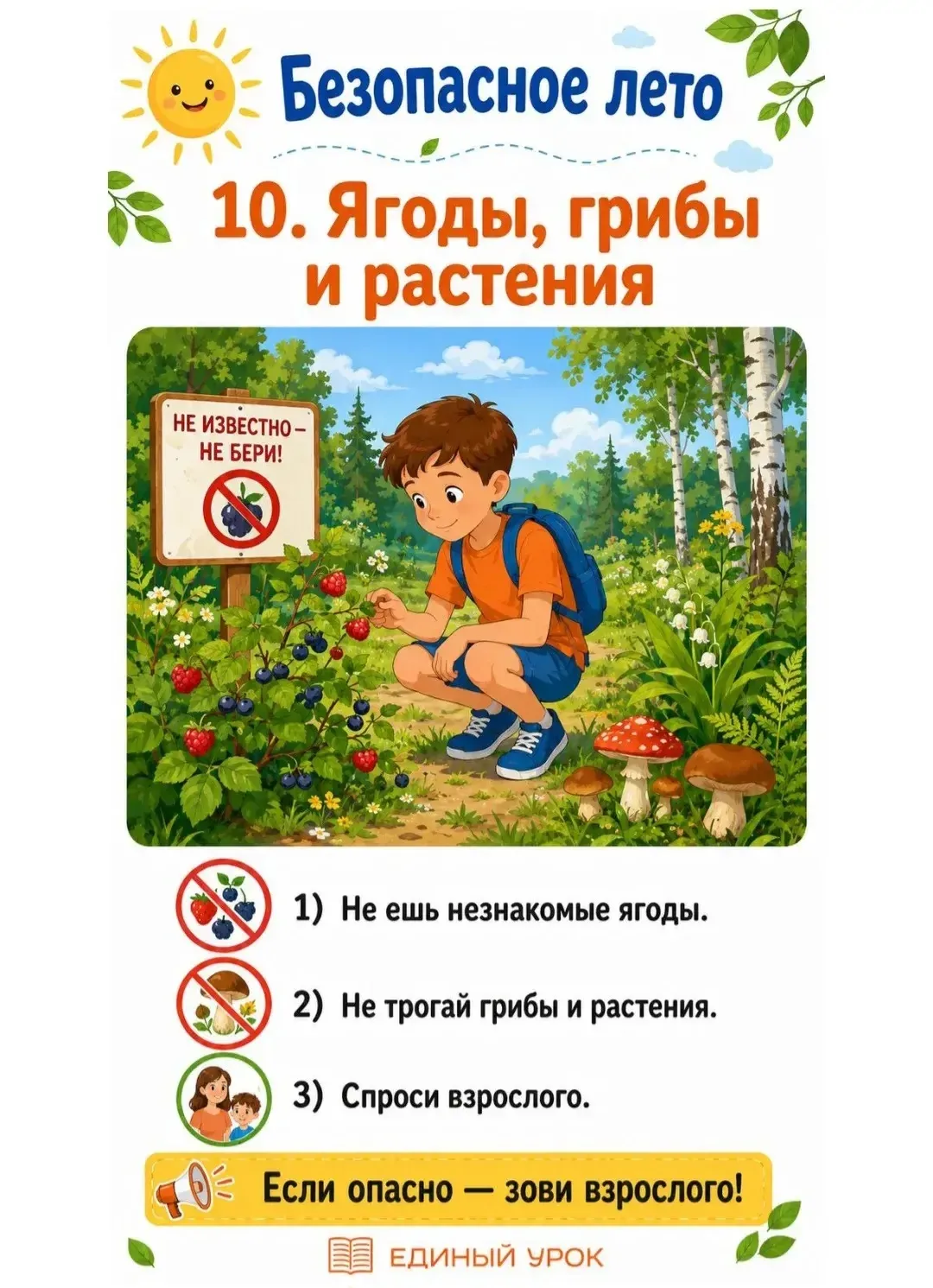 Эти памятки — для ребят 7–11 лет. Самые главные правила: вода, солнце, лес, дорога, велосипед, незна