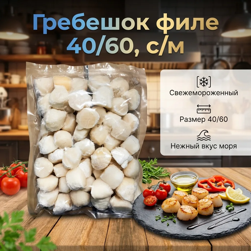 👉 Гребешок филе, 40/60, цена: 5️⃣6️⃣0️⃣₽/уп.,  (упаковка 0,5 кг). арт. 5111