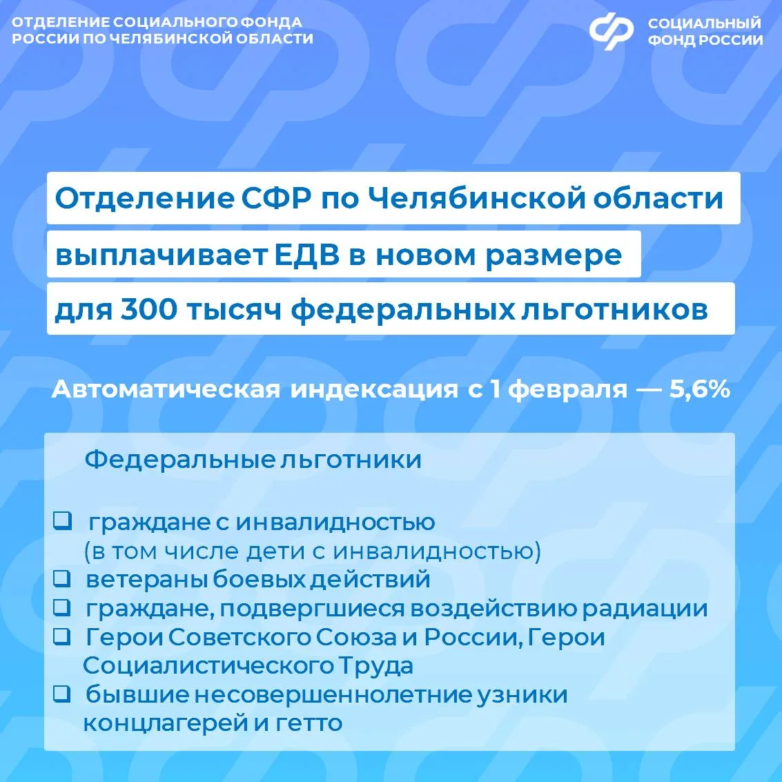 В феврале Отделение СФР по Челябинской области беззаявительно проиндексировало на 5,6% ежемесячную д
