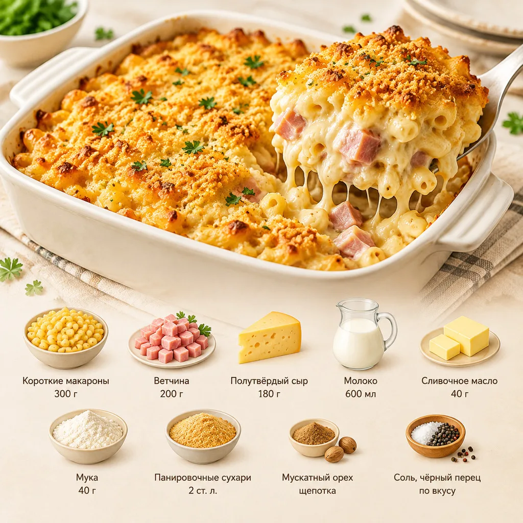 Макаронная запеканка с ветчиной и сырным соусом 🤤